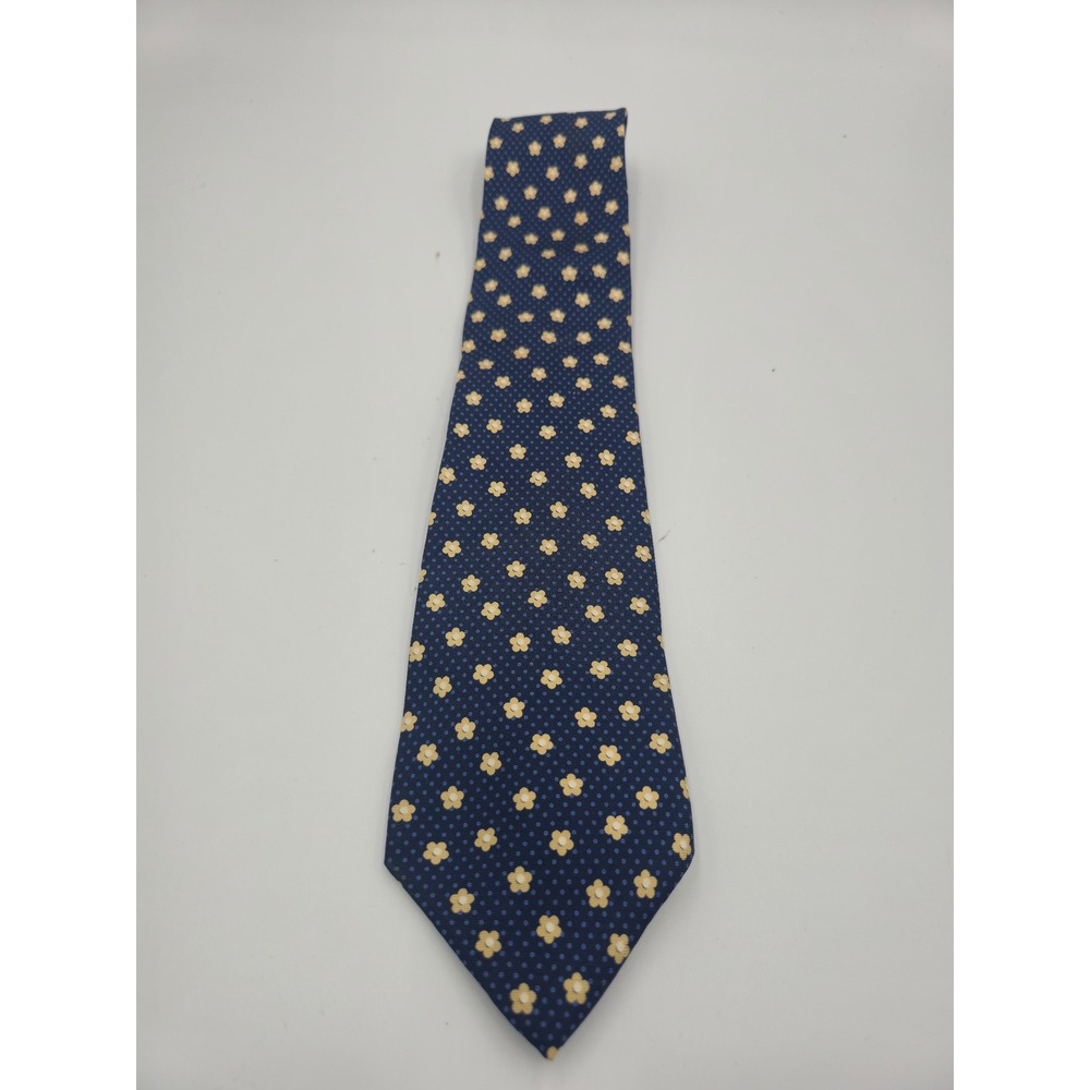 Tommy Hilfiger Mens Silk Tie Navy Blue Yellow Floral Micro Dot Made in USA